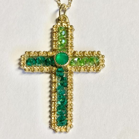 Vintage Gold Bead Cross Pendant Necklace Green Hand Beaded Plated 18" Christian - Picture 8 of 10